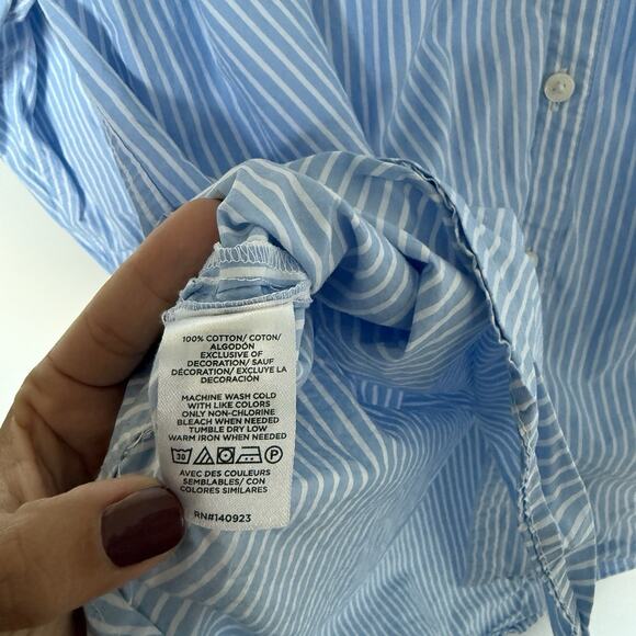 Loft Womens Top L Blue Striped Poplin Crest Everyday Oversized Preppy Academia - Picture 5 of 7